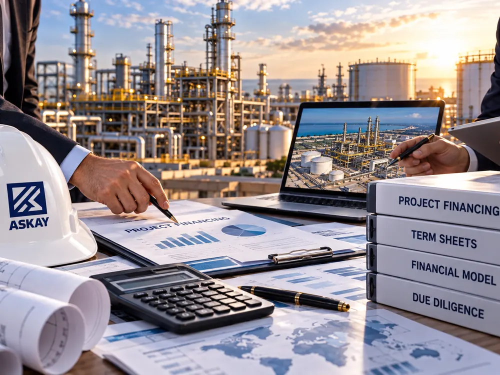 Project financing documents, financial model and due diligence binders with an ASKAY hard hat in front of a refinery