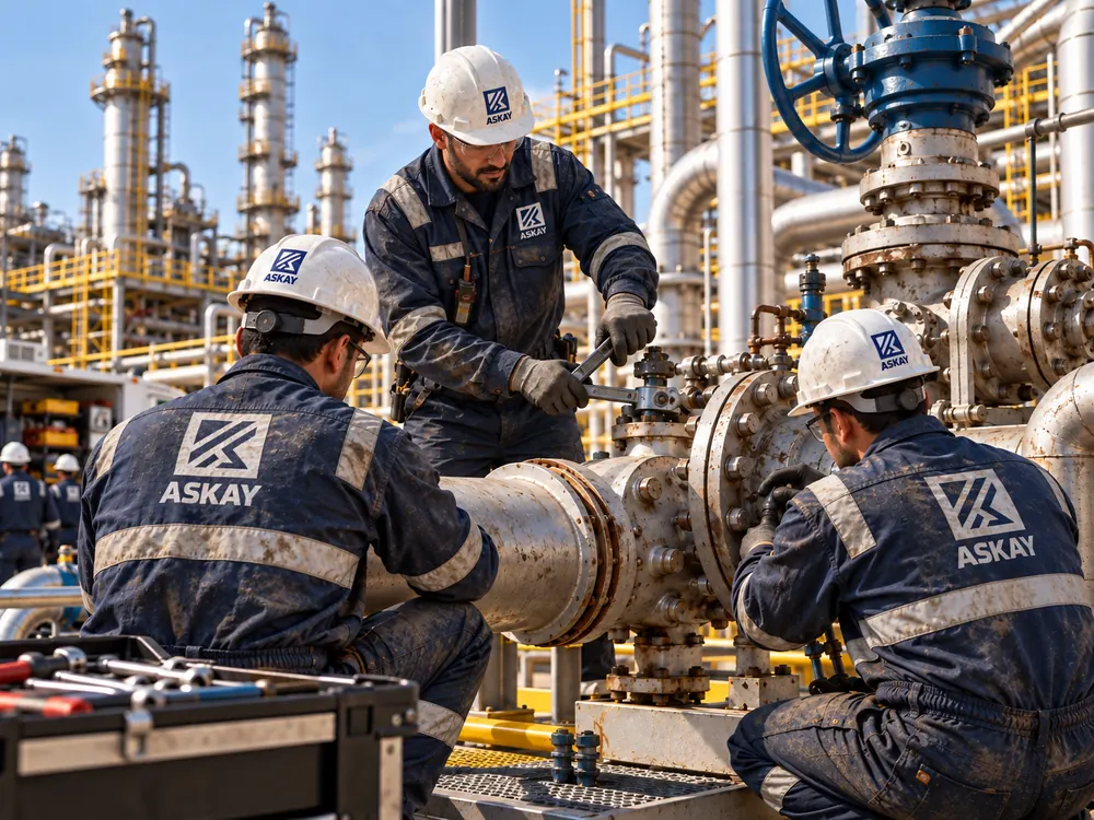 ASKAY maintenance technicians working on a flanged valve and pipeline at a refinery