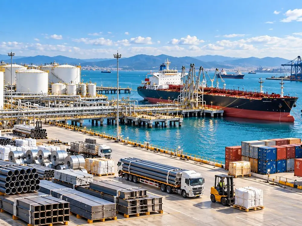 Port with a tanker at the jetty, storage tanks, steel pipes and sections, containers and a truck