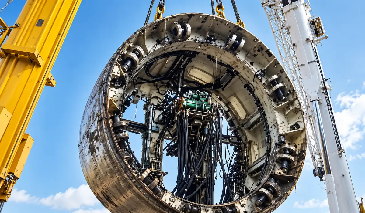 TBM shield being lifted by cranes